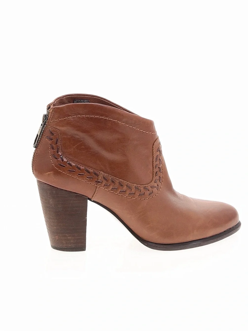 UGG Tan Brown Leather Ankle Bootie with Stacked Heel